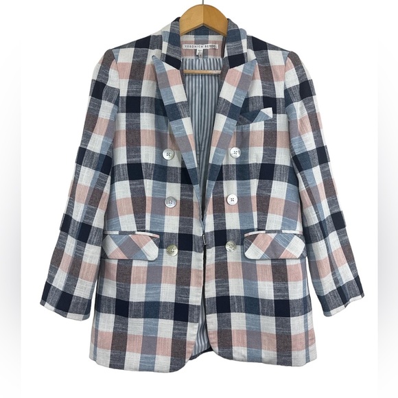 Veronica Beard Upcollar Schoolboy Dickey Blazer Blue Pink Gingham Plaid Size 2 - Picture 4 of 15